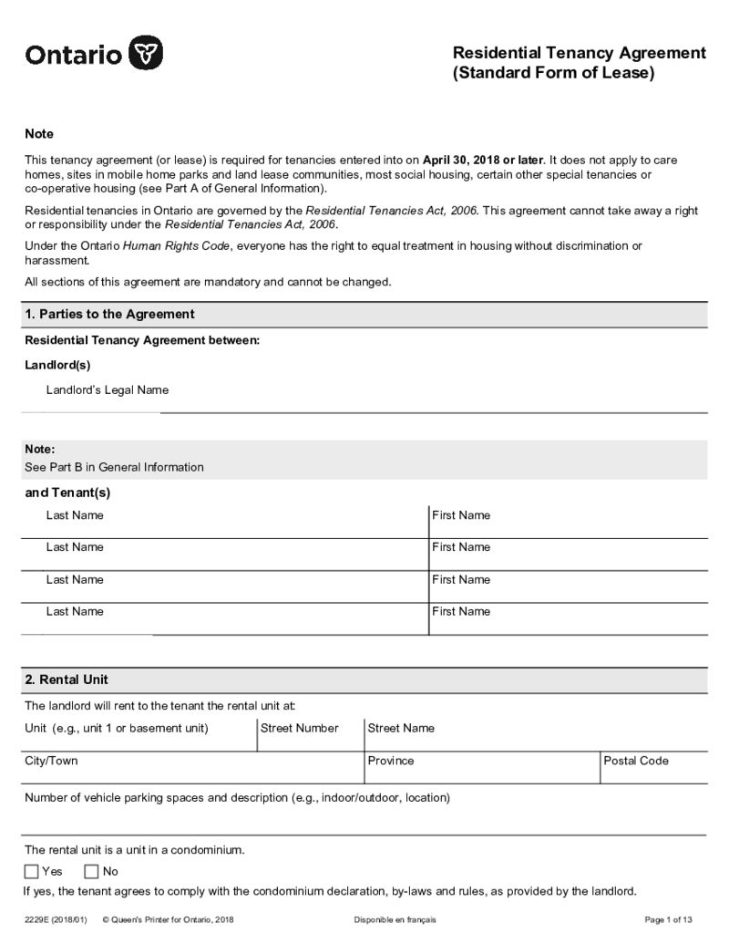 Ontario Standard Lease Form (2018)