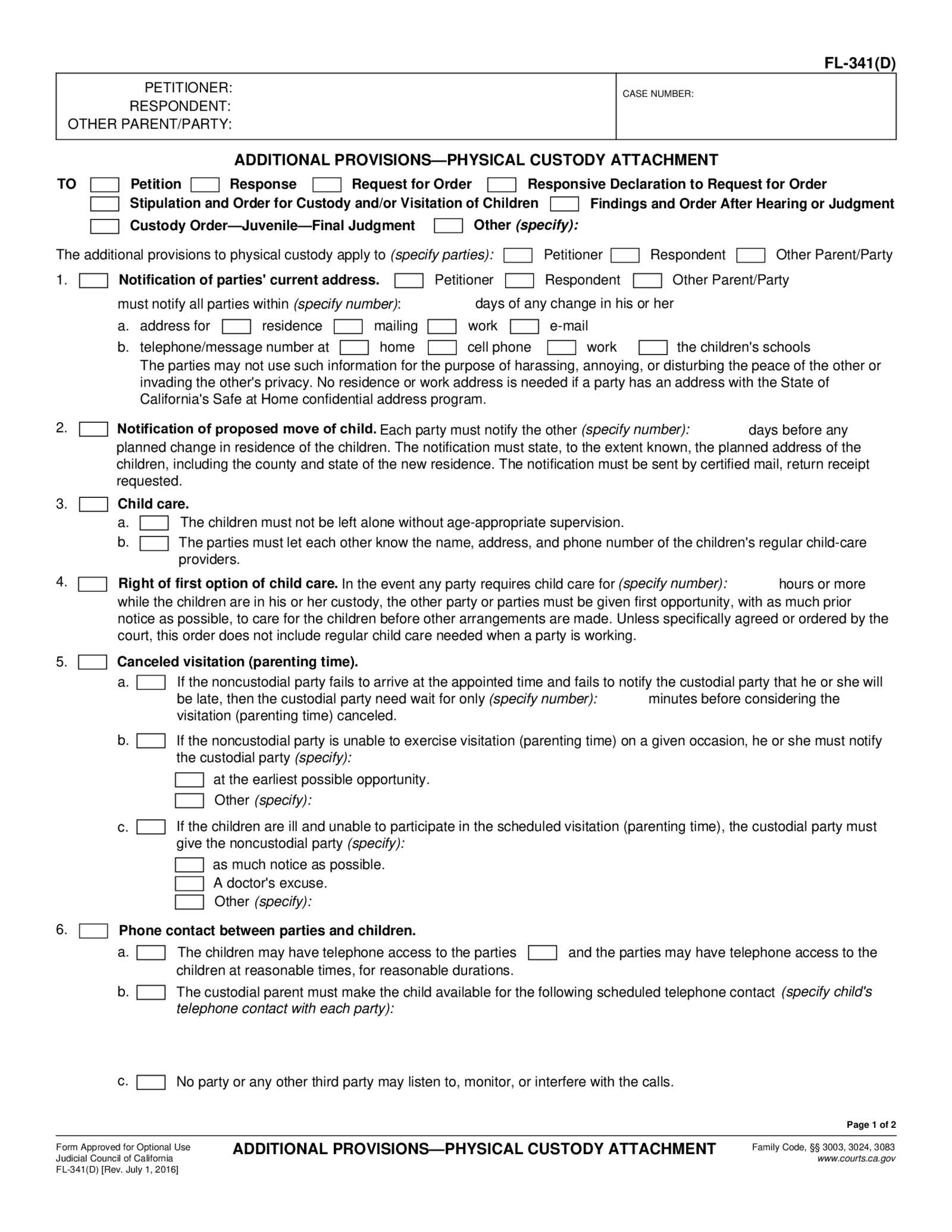 Form FL-341D Additional Provisions - Physical Custody Attachment - Thumbnail