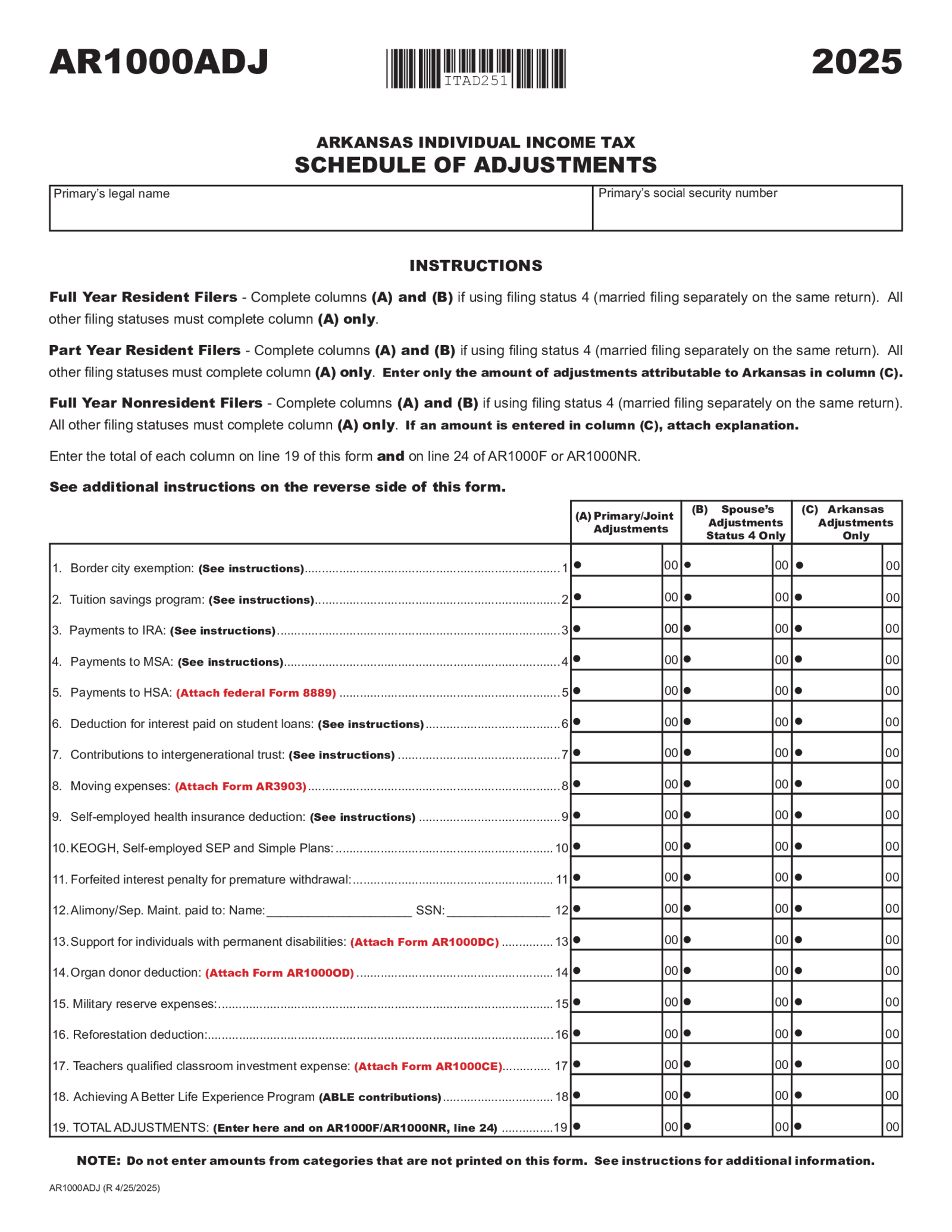 Arkansas Tax Form AR1000ADJ - Thumbnail