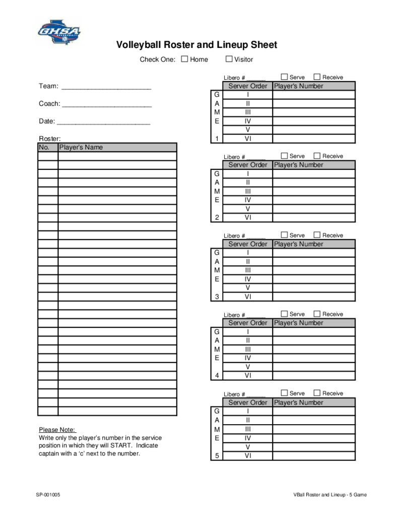 GHSA Volleyball Roster and Lineup Sheet