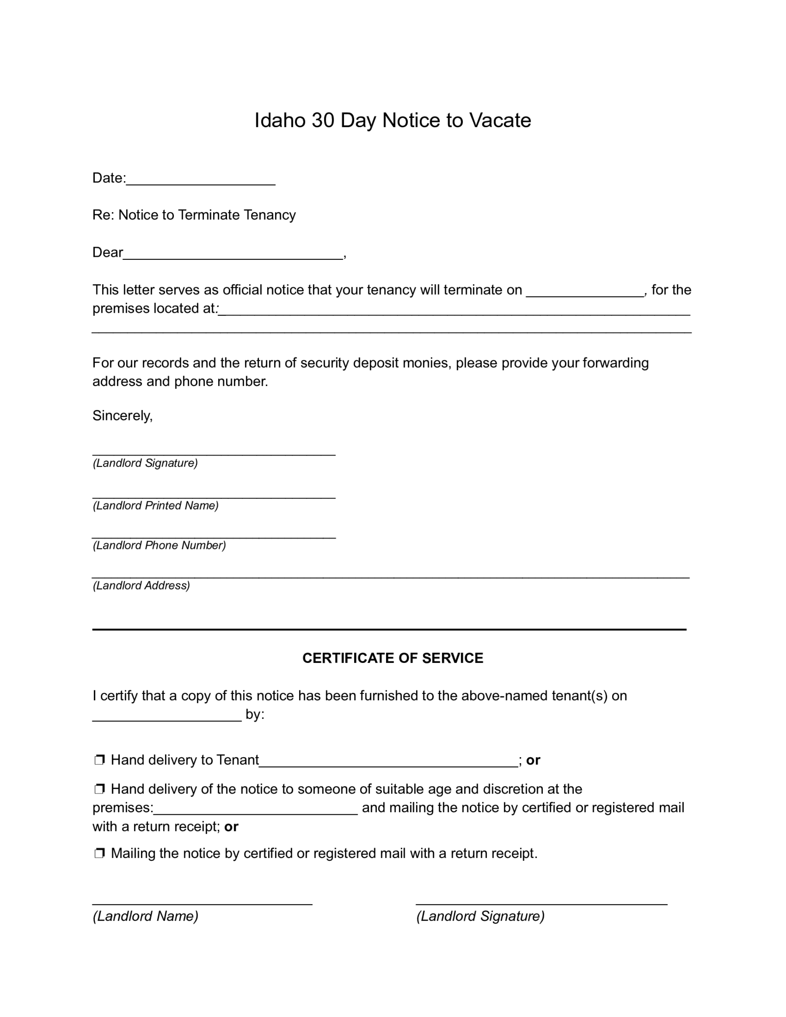 Idaho 30 Day Lease Termination Notice Form - Thumbnail