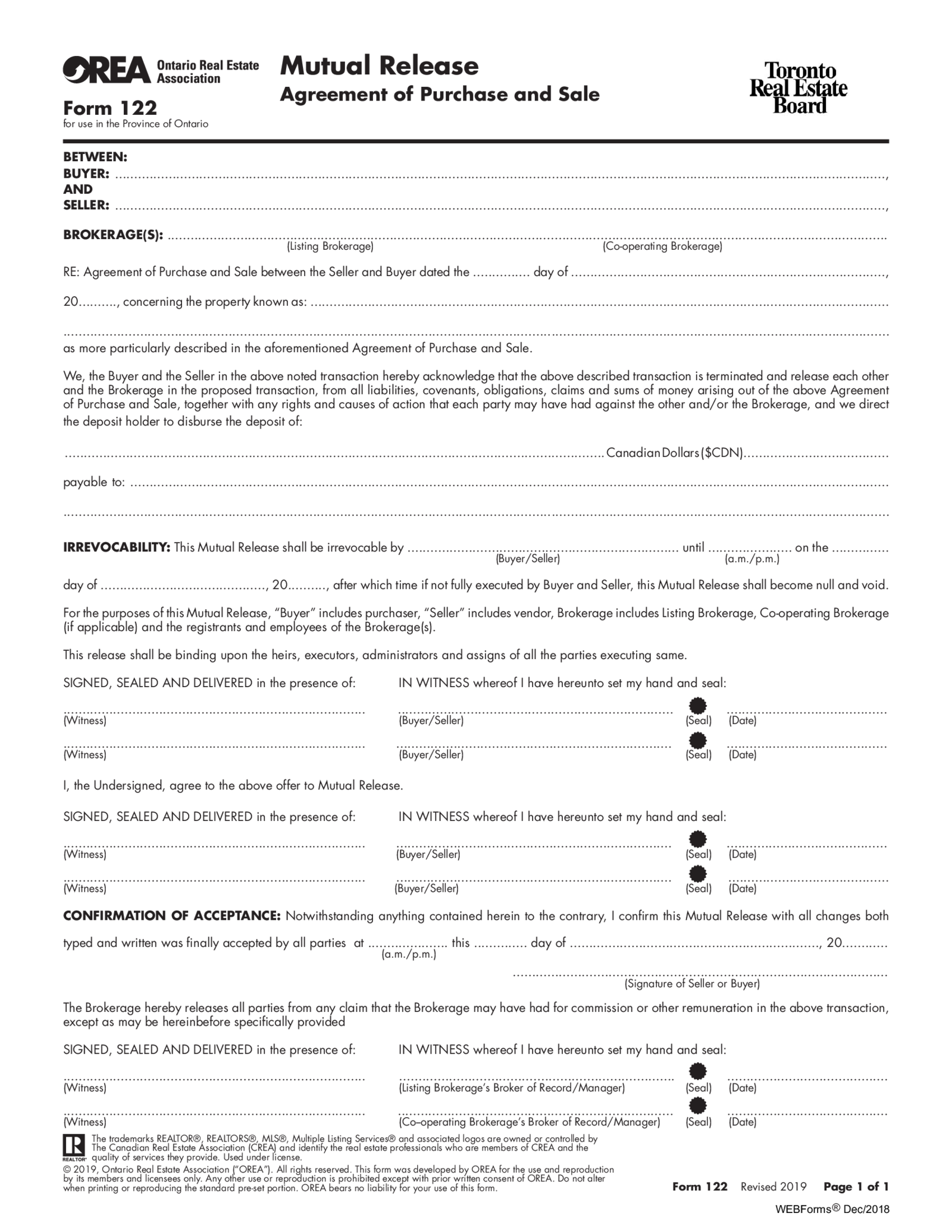 OREA Form 122, Mutual Release - Agreement of Purchase and Sale - Thumbnail