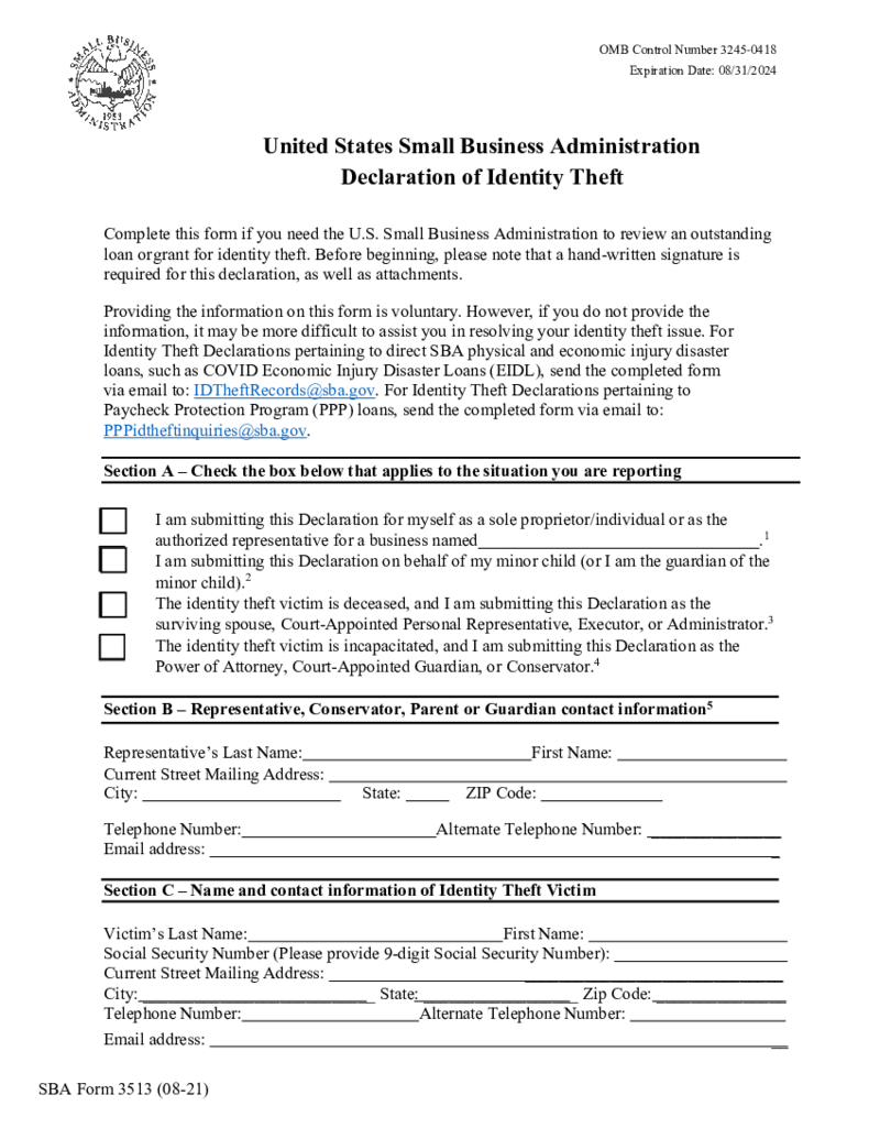 SBA Form 3513 - Declaration of Identity Theft