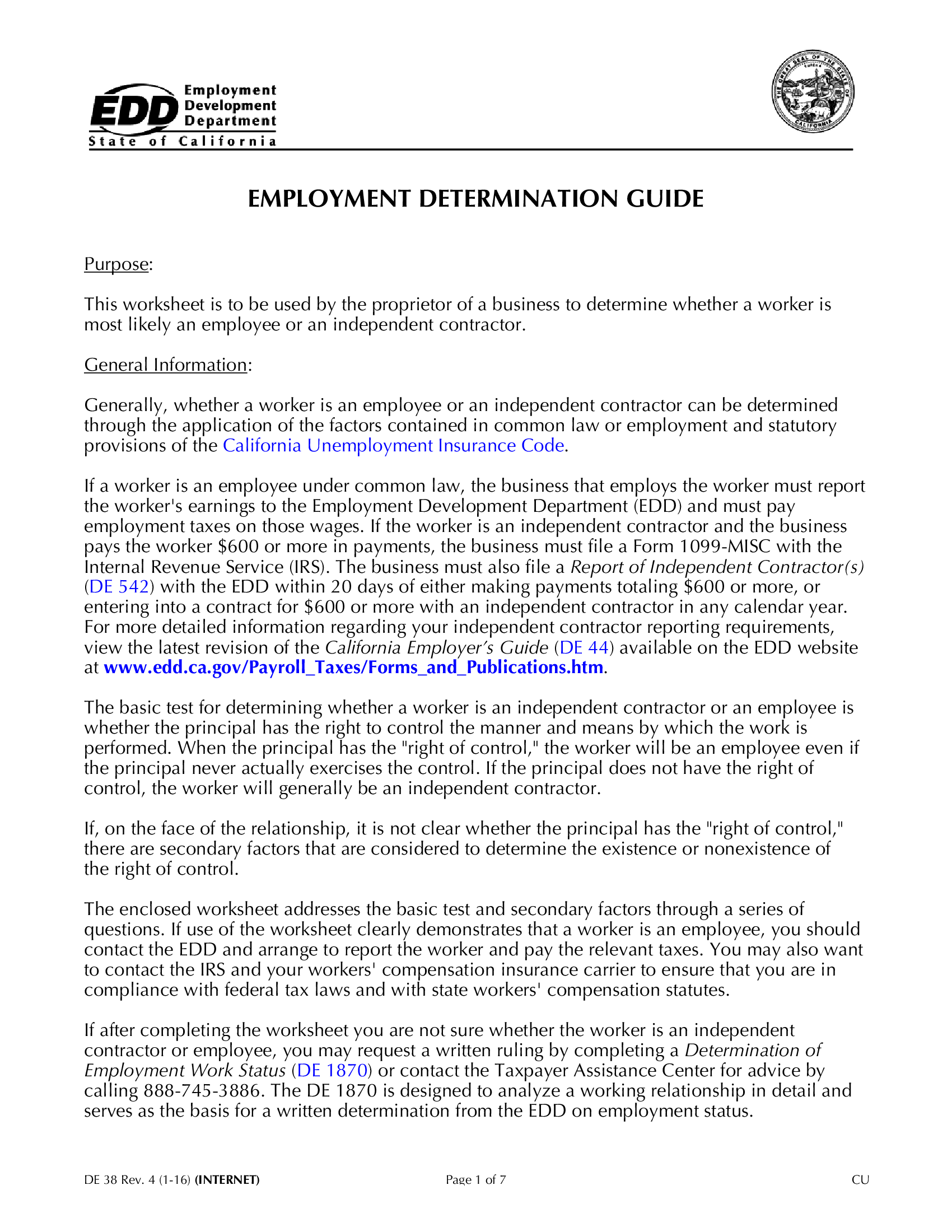 DE 38 - Employment Determination Guide - Thumbnail