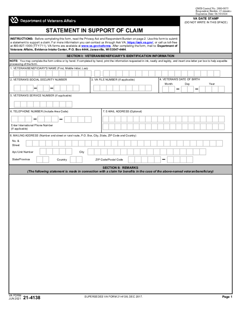 VA Form 21-4138 (Statement in Support of Claim)