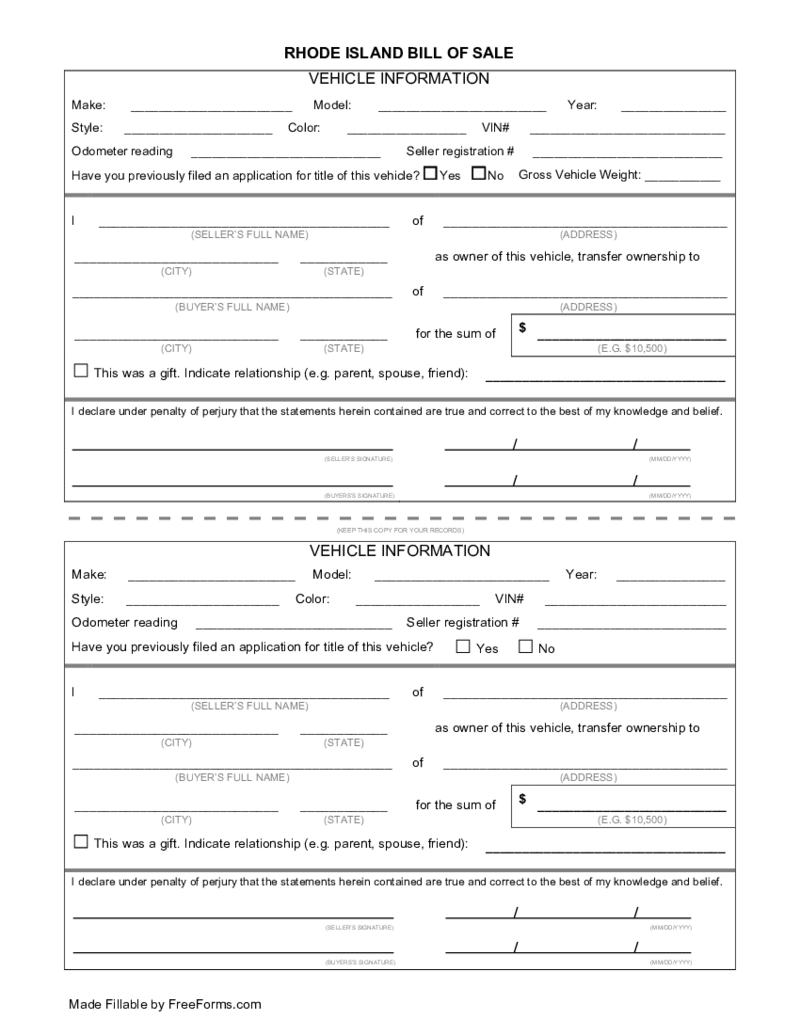 Rhode Island Bill of Sale Form