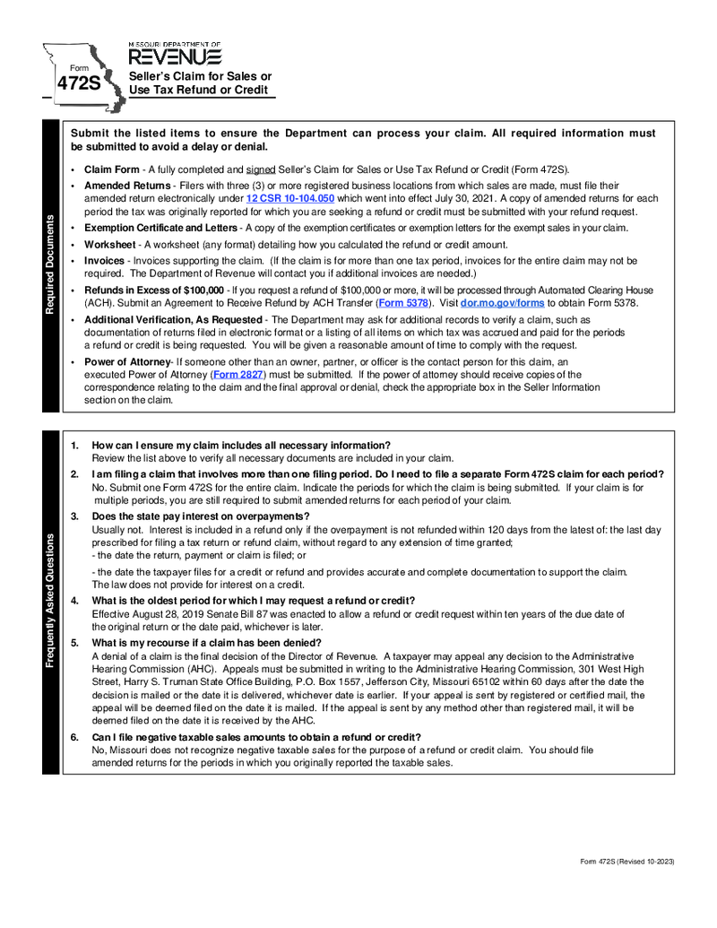 Missouri Form 472S - Sellers Claim for Sales or Use Tax Refund