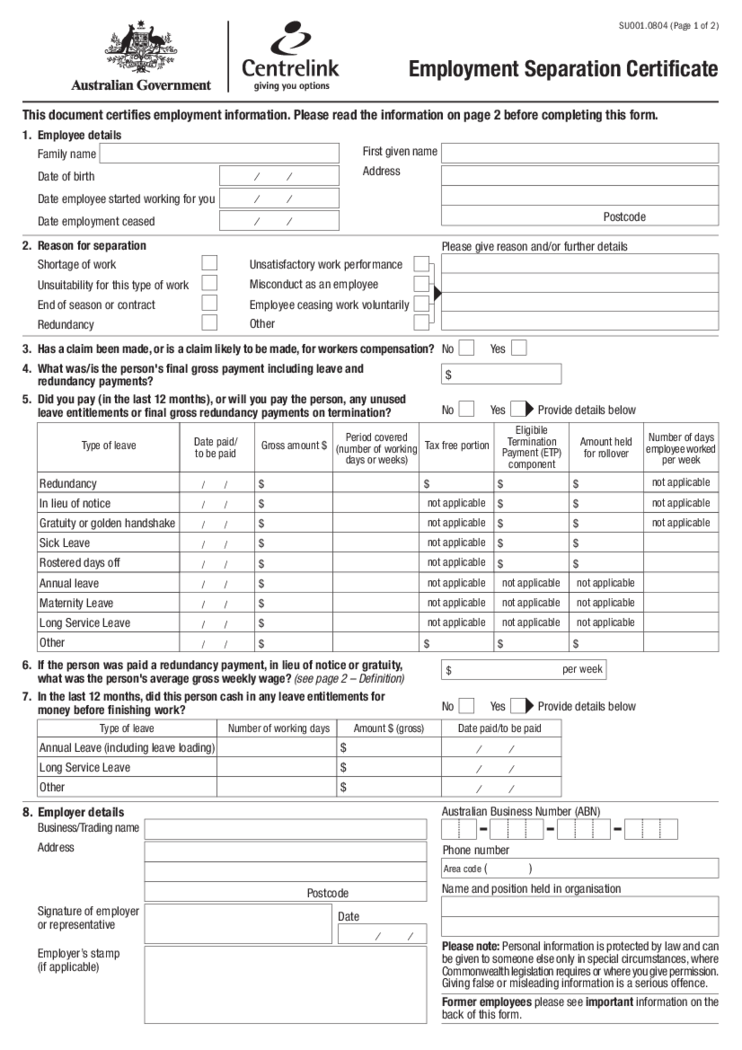 AU Employment Separation Certificate Form