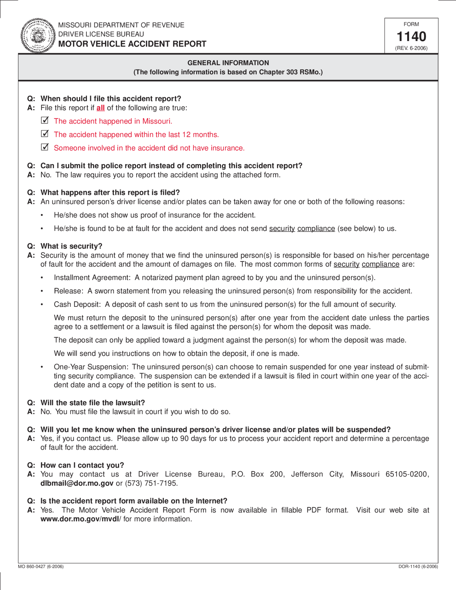 Form 1140, Missouri Motor Vehicle Accident Report - Thumbnail