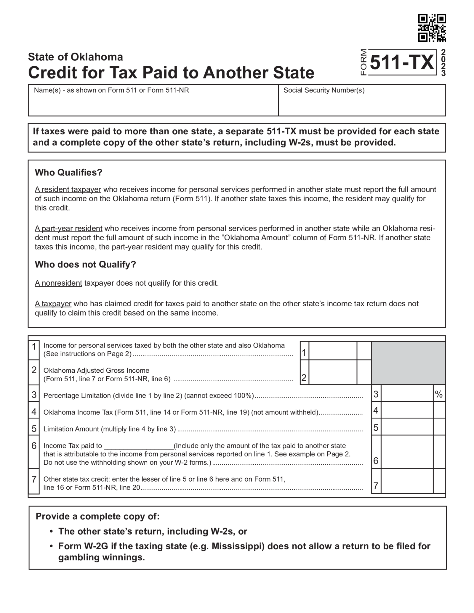 Oklahoma Form 511-TX Credit for Tax Paid to Another State - Thumbnail