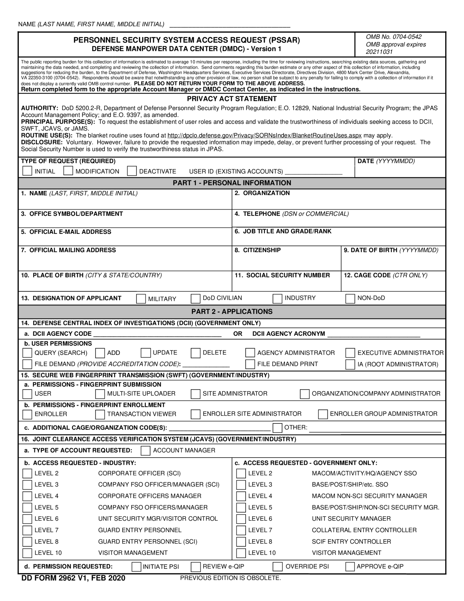 Fillable DD Form 2962 - Thumbnail