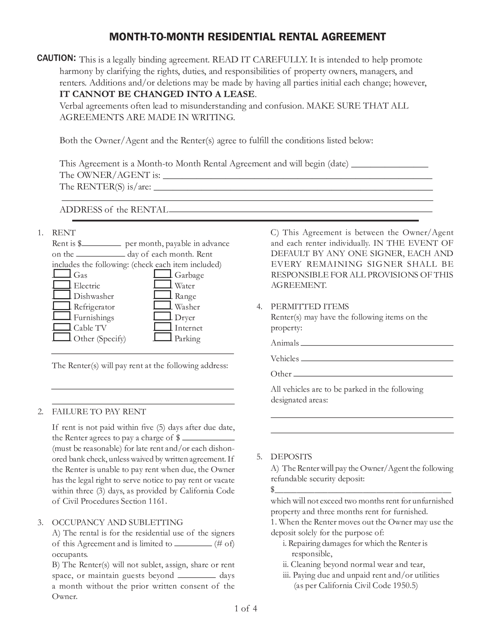 Simple California Month to Month Rental Agreement - Thumbnail