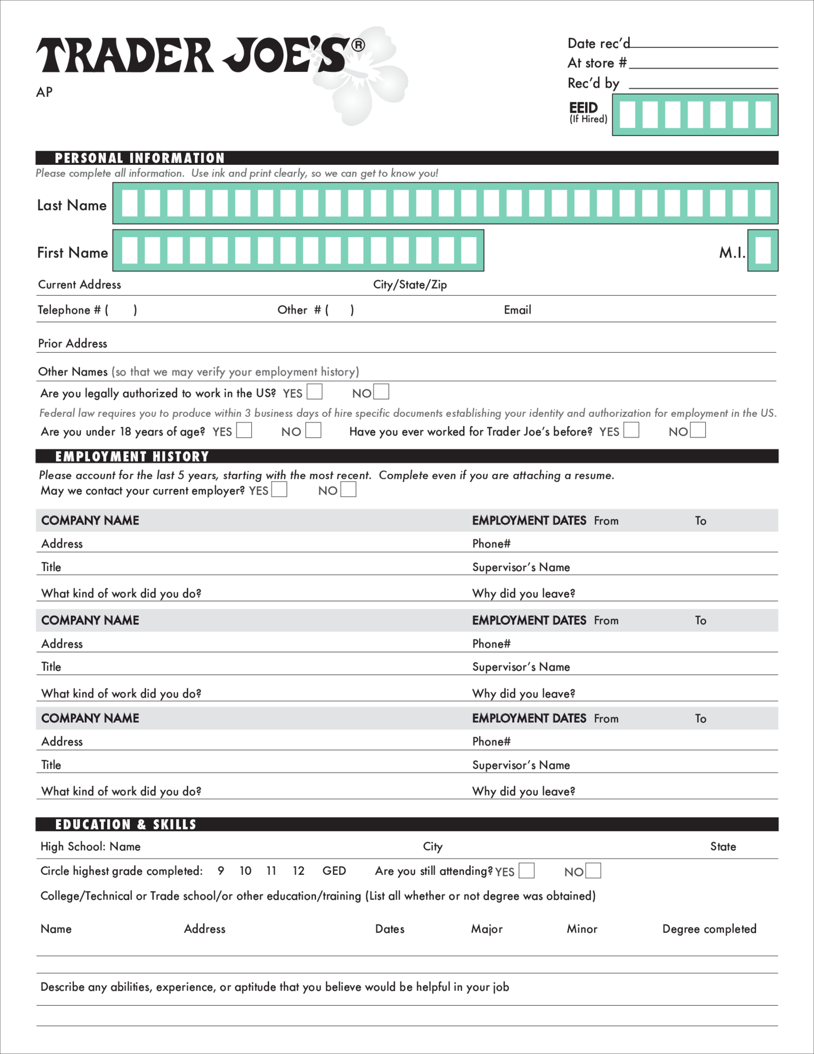 Trader Joes Employment Application Form - Thumbnail