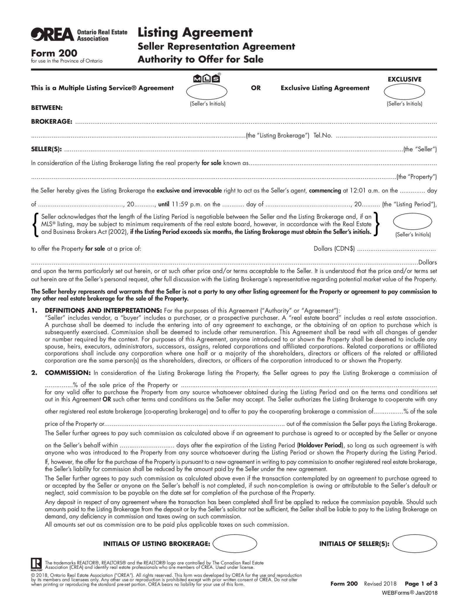 OREA Form 200, Listing Agreement, Seller Representation Agreement - Thumbnail