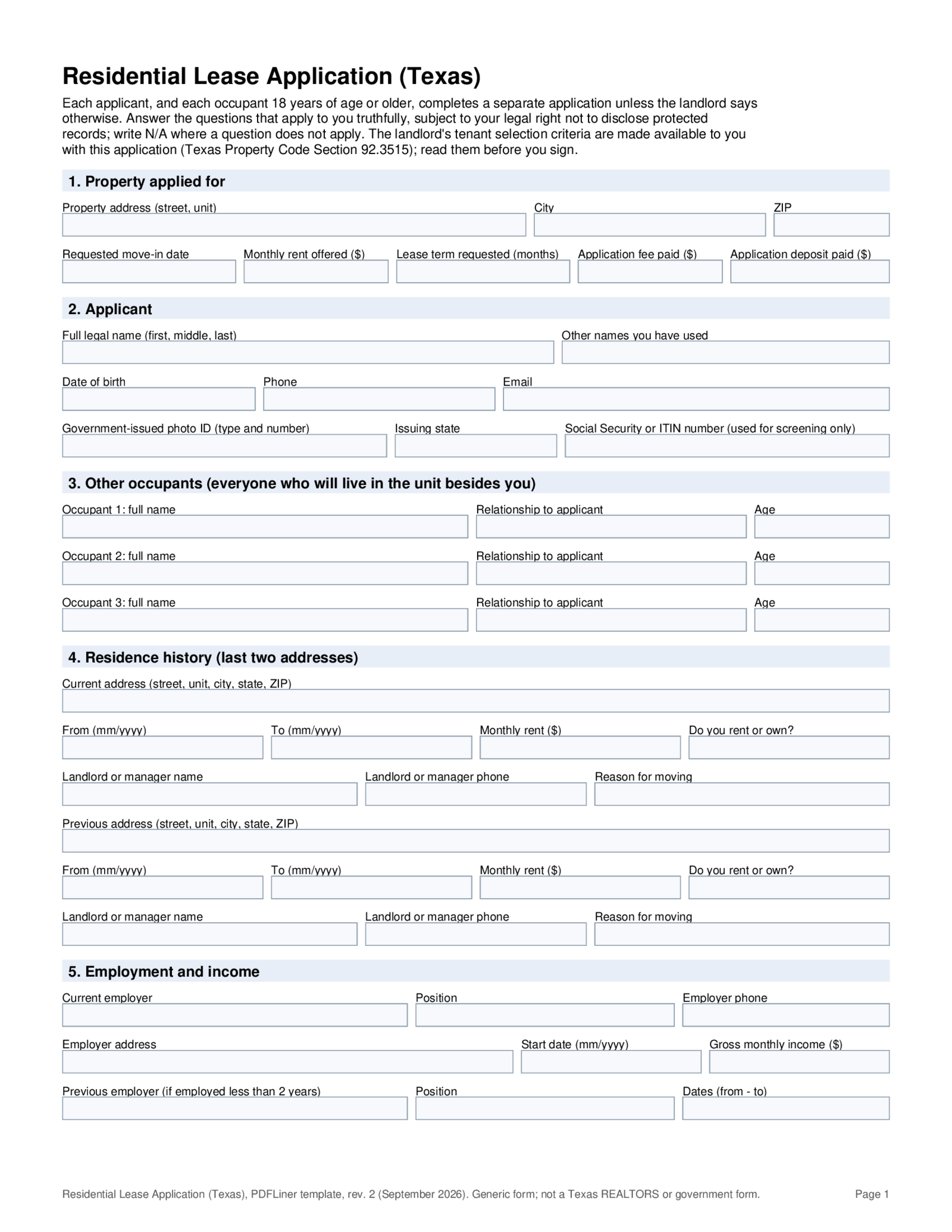Texas Residential Lease Application - Thumbnail