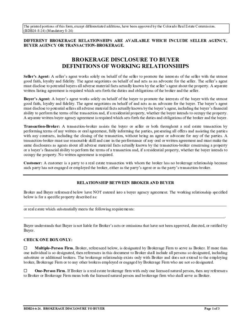 Colorado DORA Brokerage Disclosure to Buyer