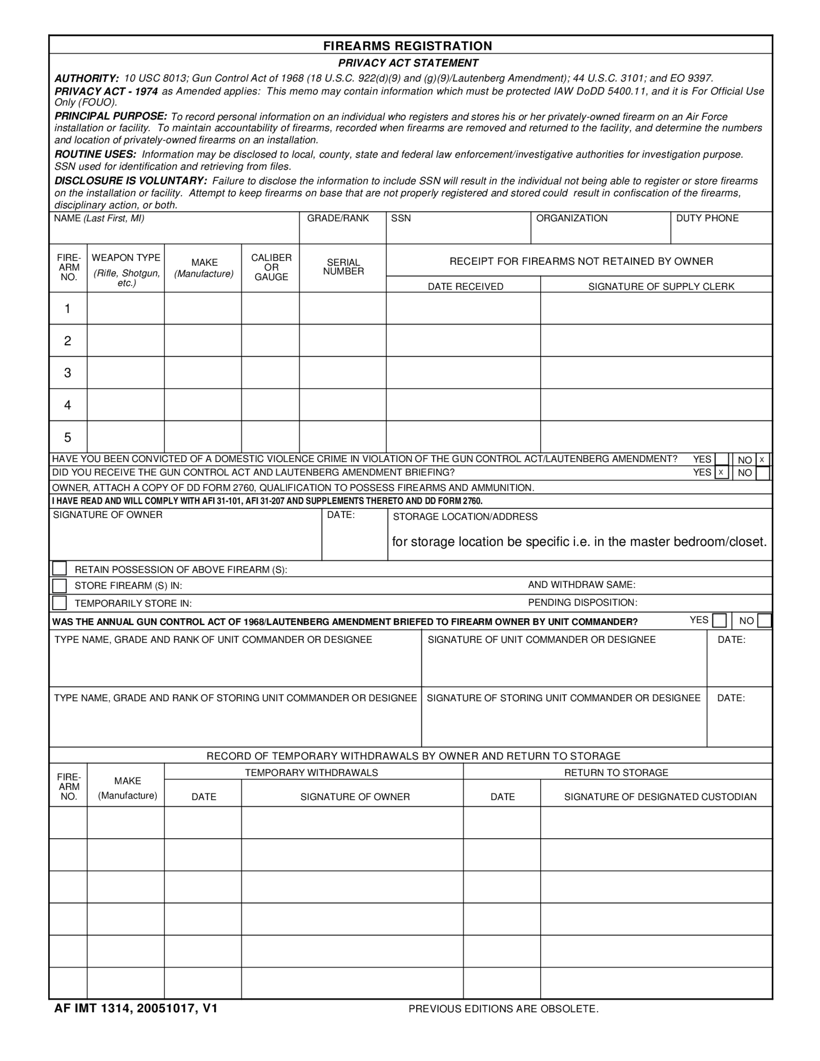 AF Form 1314 - Firearms Registration - Thumbnail