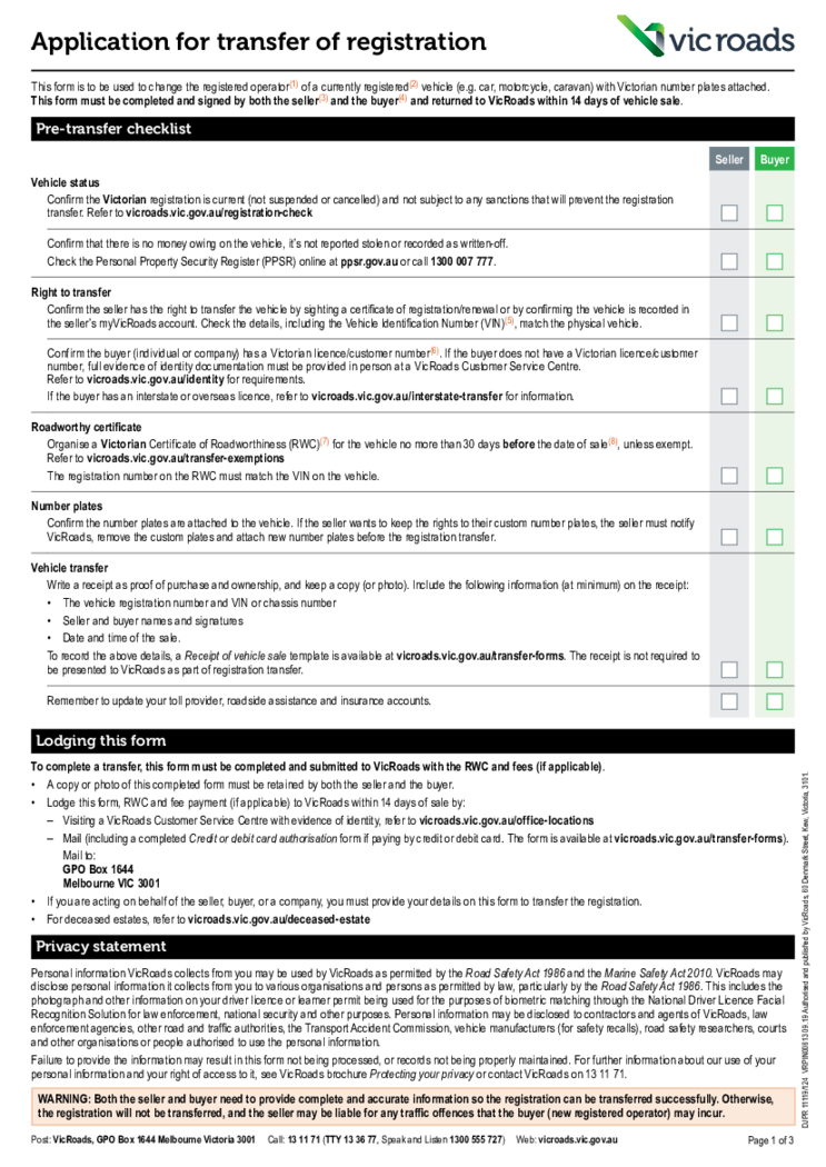 VicRoads Application for Transfer of Registration