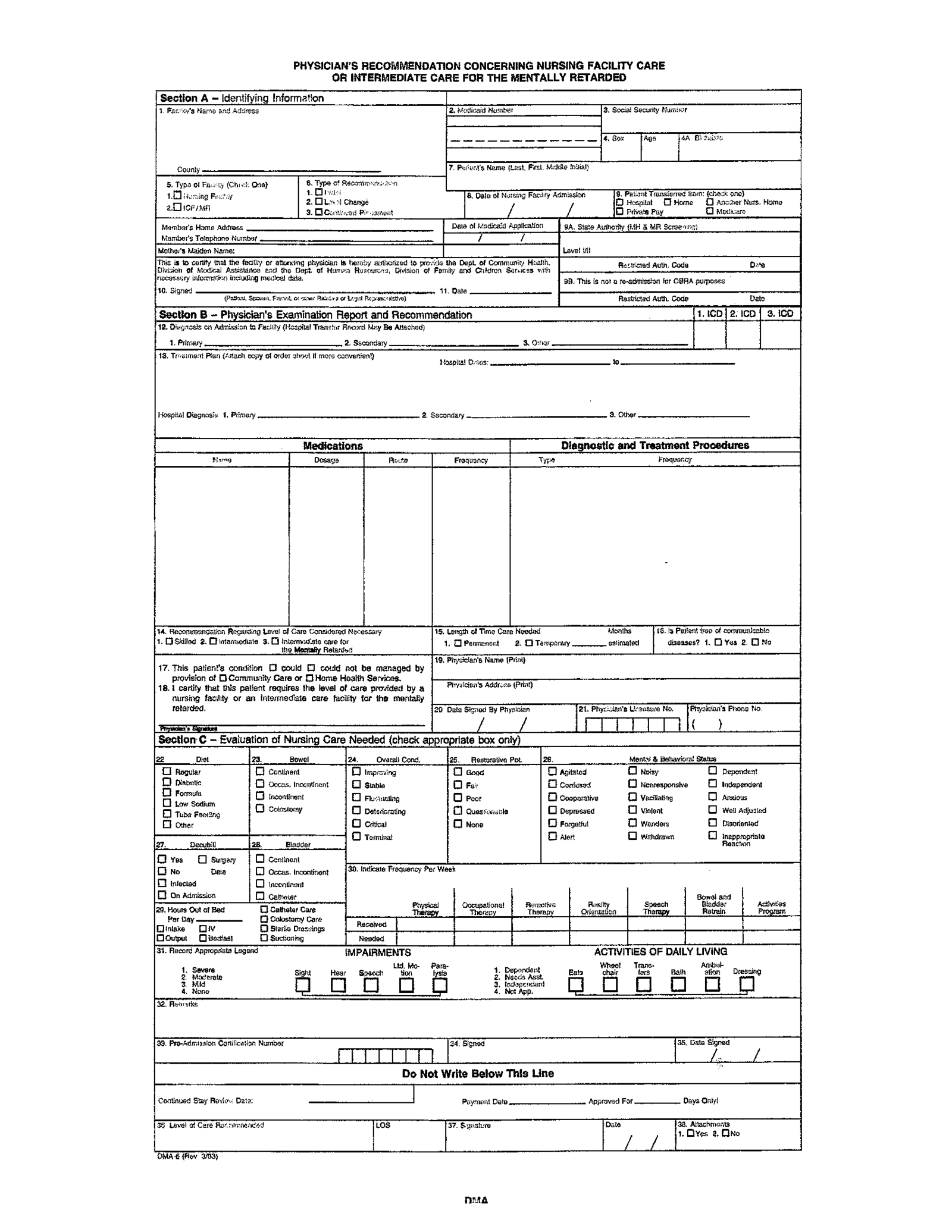 DMA 6, Physicians Recommendation Concerning Nursing Facility Care - Thumbnail