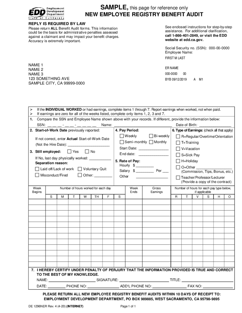 DE 1296NER - New Employee Registry Benefit Audit