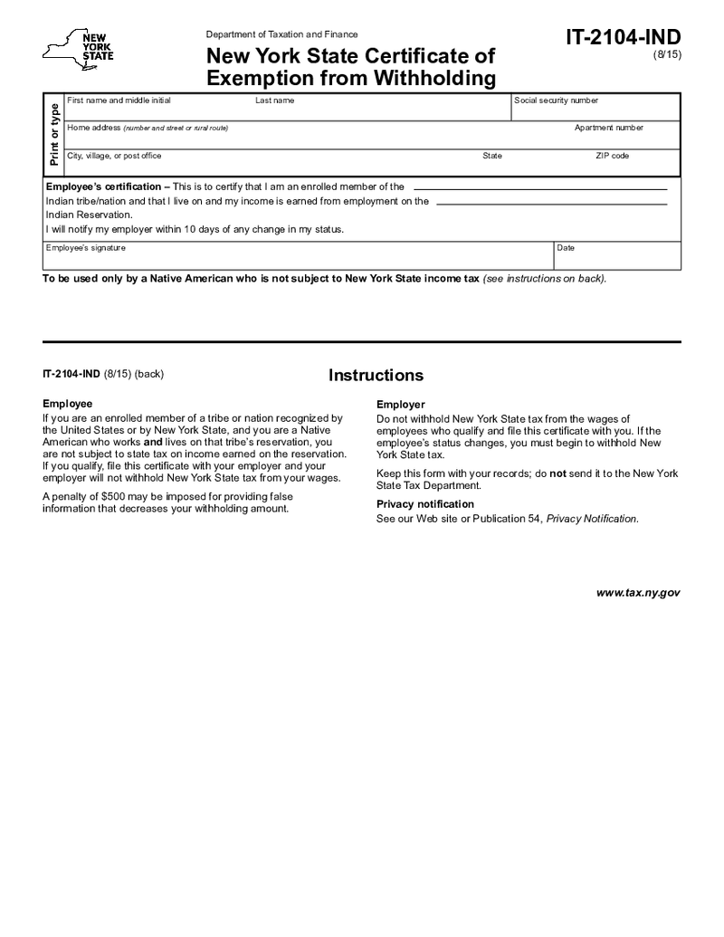 New York Form IT-2104-IND