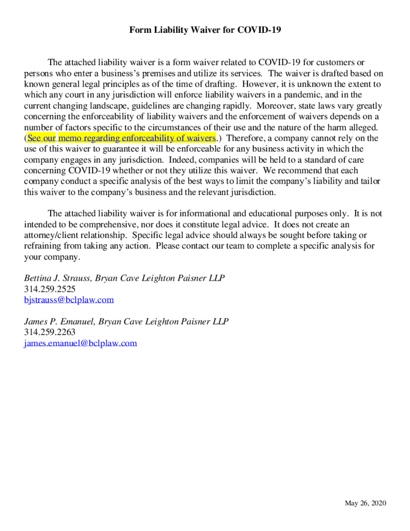 COVID-19 Liability Release Waiver Form