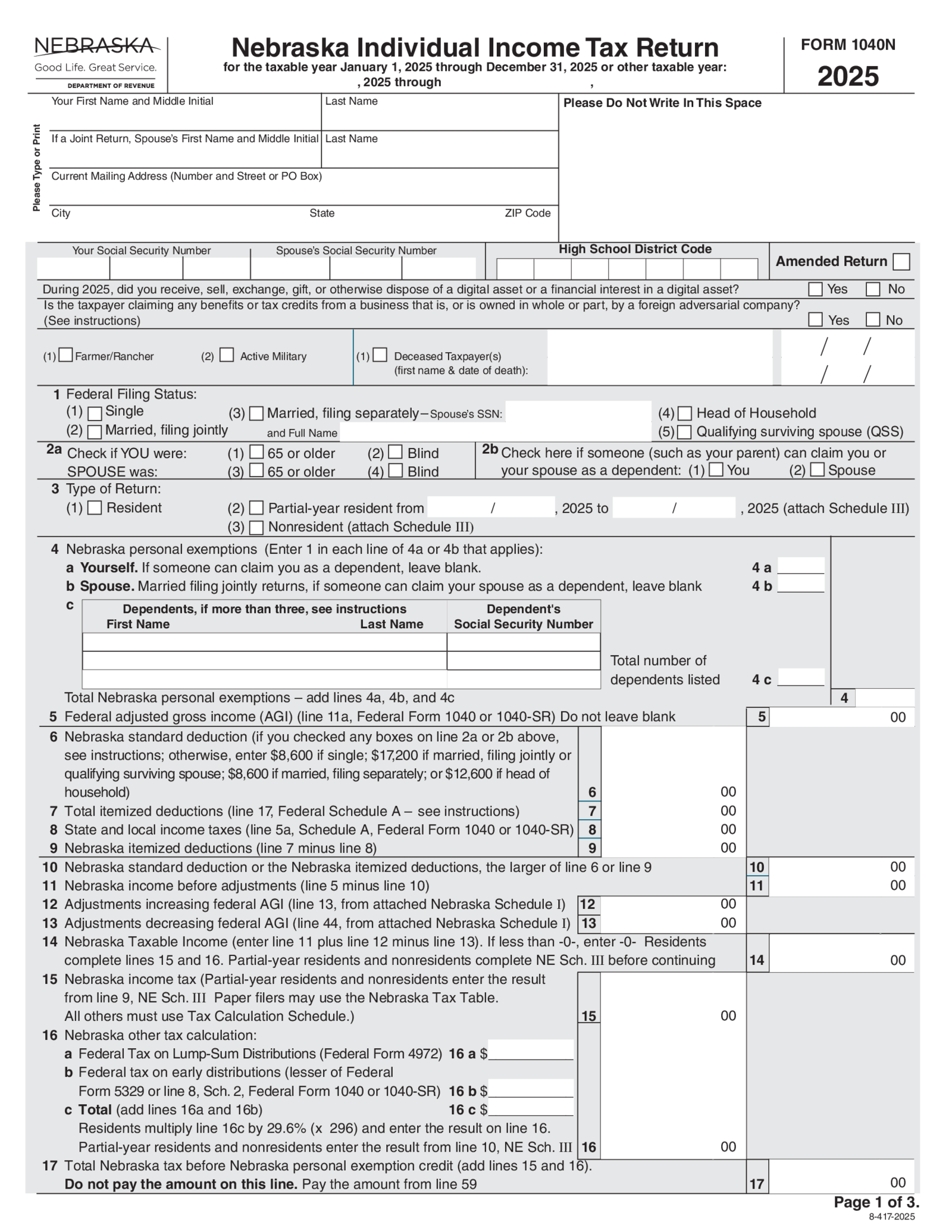 Nebraska Individual Income Tax Return - Form 1040N - Thumbnail
