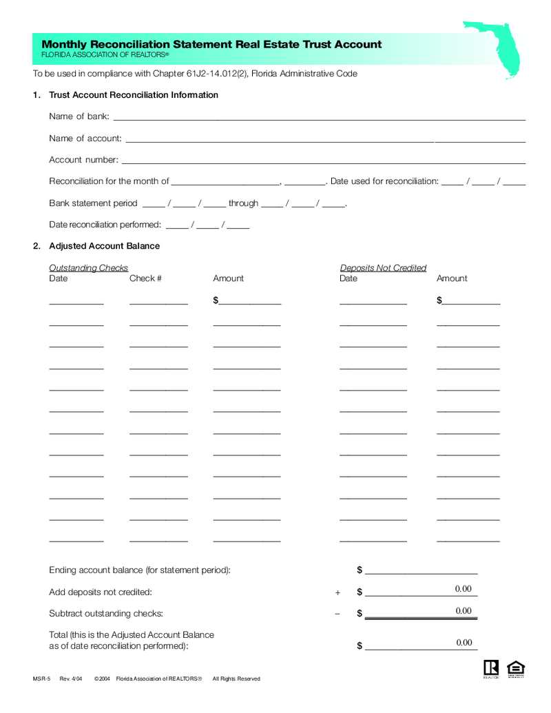 Monthly Reconciliation Statement Real Estate Trust Account