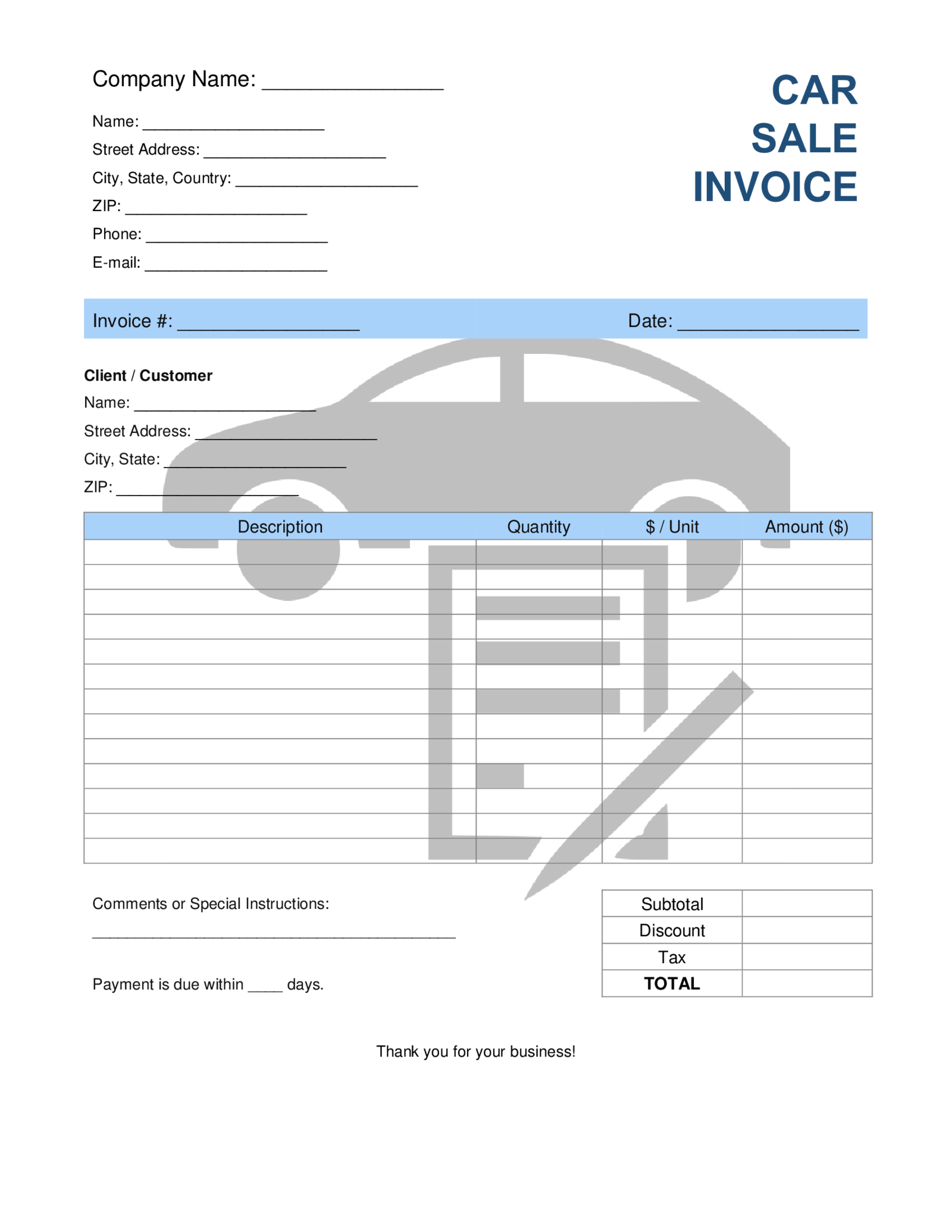 Car Sales Invoice Template - Thumbnail