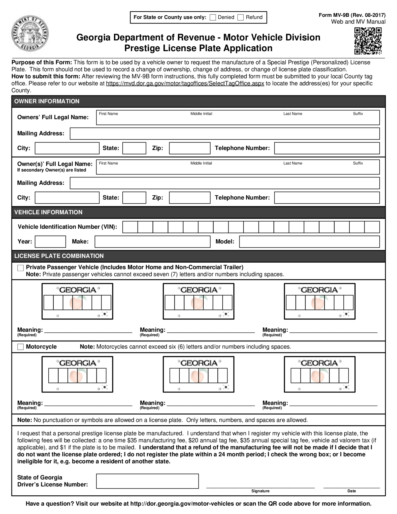 Form MV-9B, Person License Plate Application - Georgia - Thumbnail