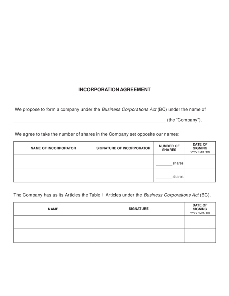 BC Incorporation Agreement