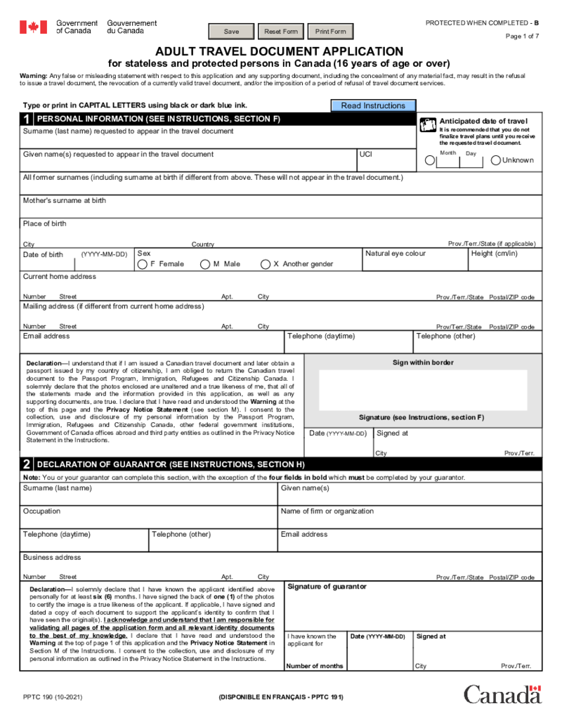 PPTC 190 - Adult Travel Document Application