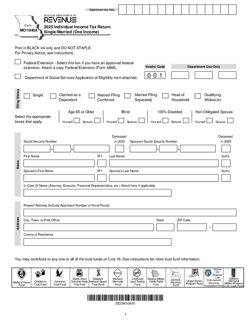 Form MO-1040A - Single Married with One Income Tax Return
