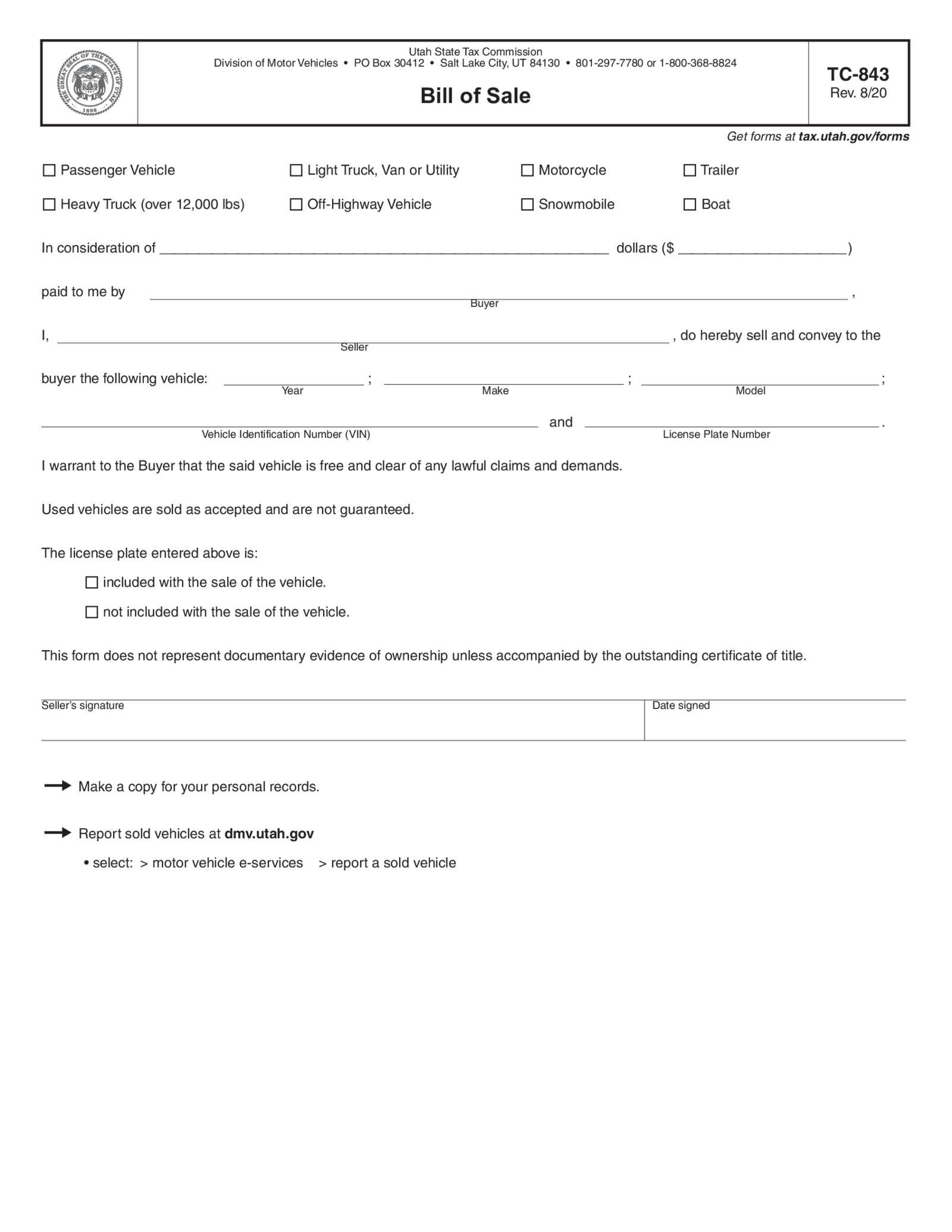 Utah Bill of Sale Form - Thumbnail