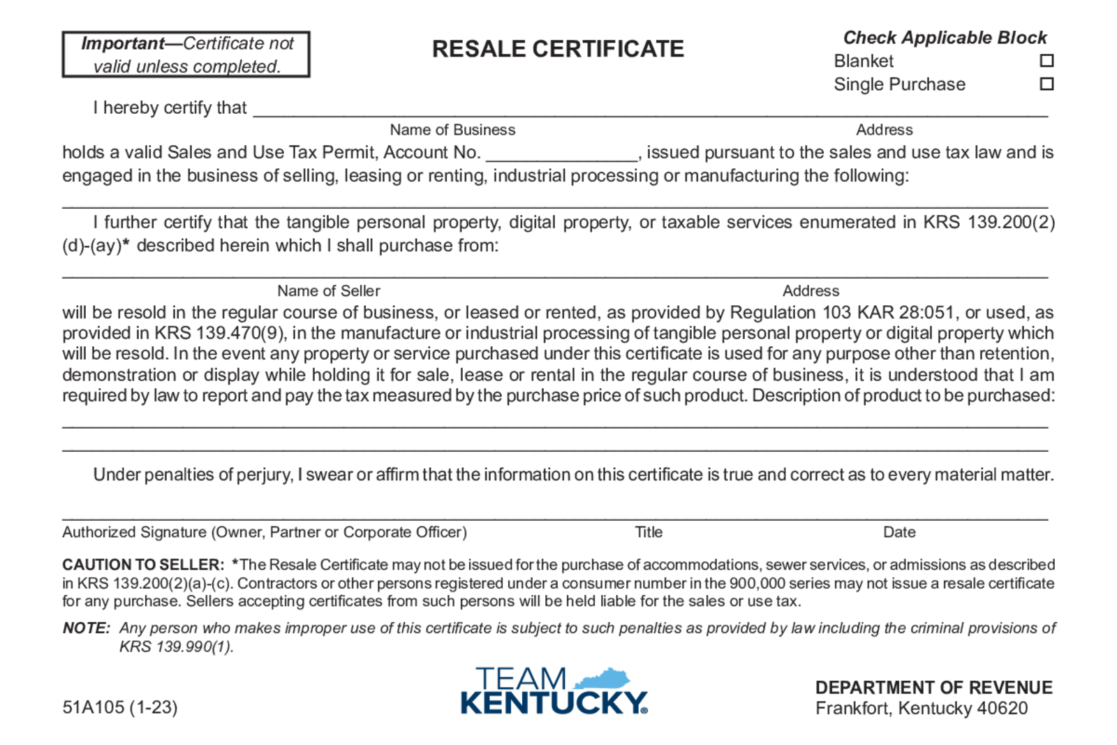 Kentucky Resale Certificate, Form 51A105 - Thumbnail