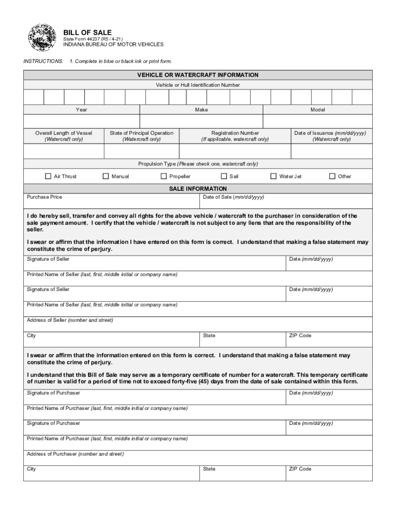 Indiana Bill of Sale Form