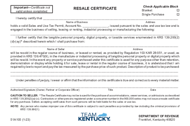 Form 51A105 - Resale Certificate (Kentucky)