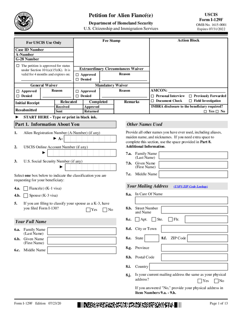 Form I-129F, Petition for Alien Fiance