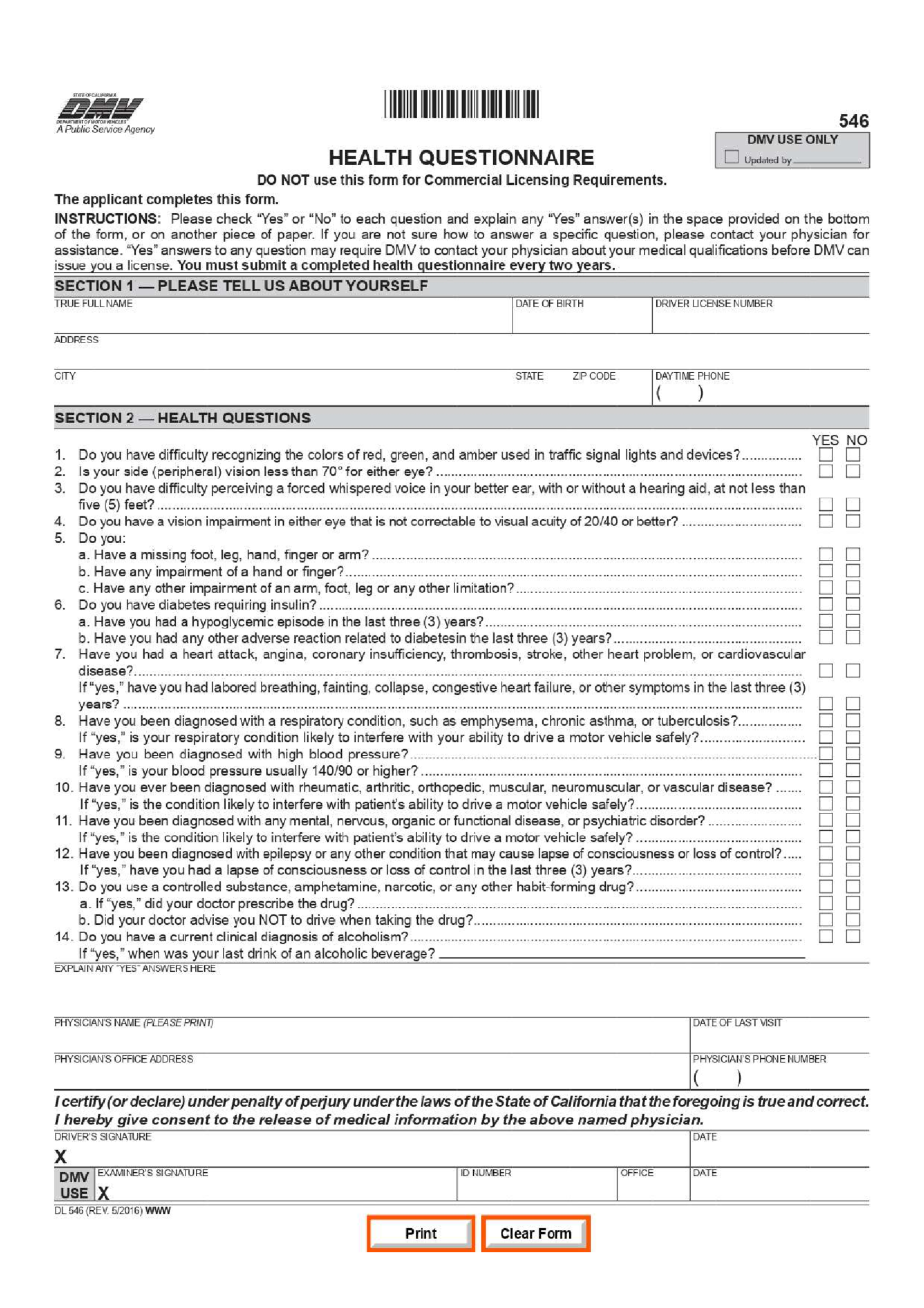 DL 546, Health Questionnaire - California DMV - Thumbnail