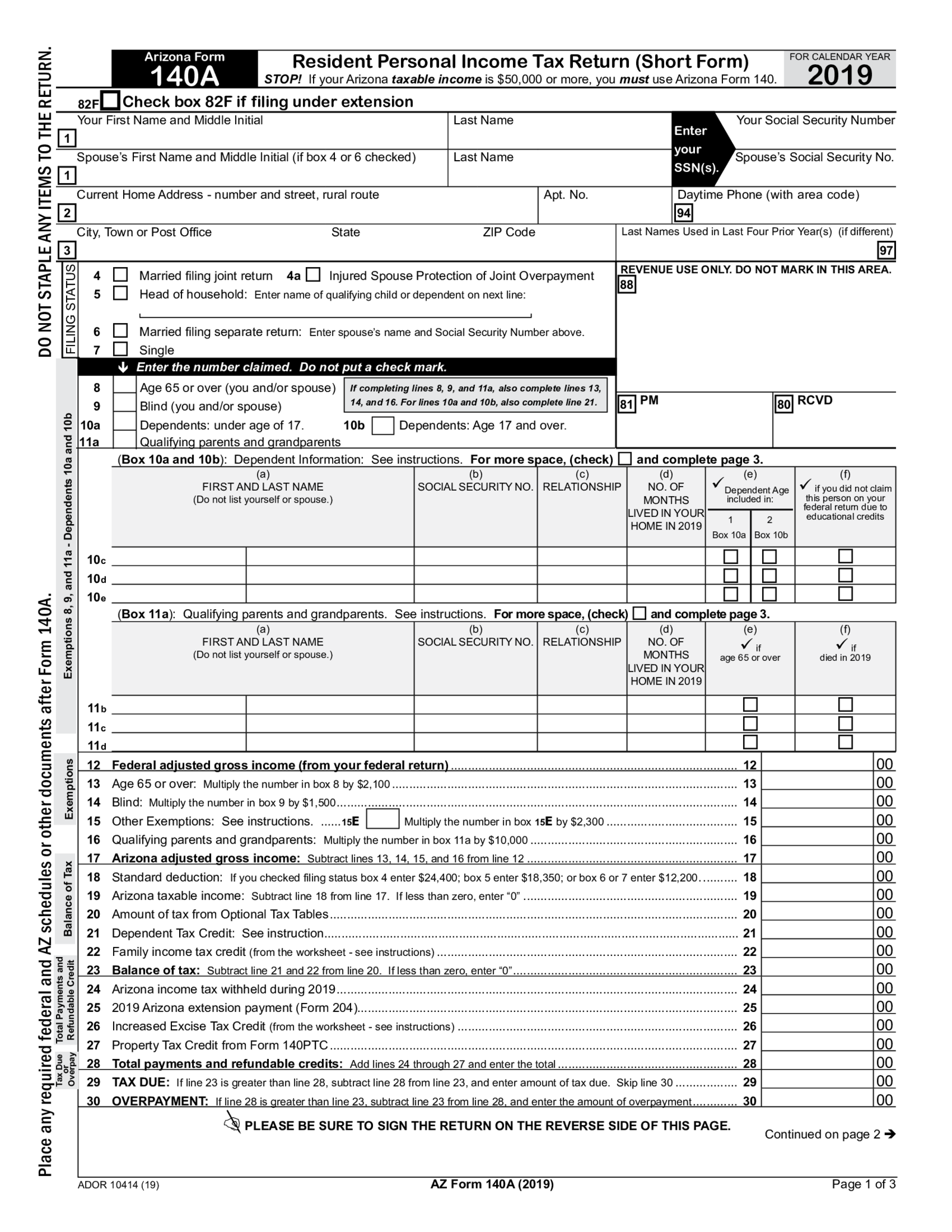 Arizona Form 140A (2019) - Thumbnail