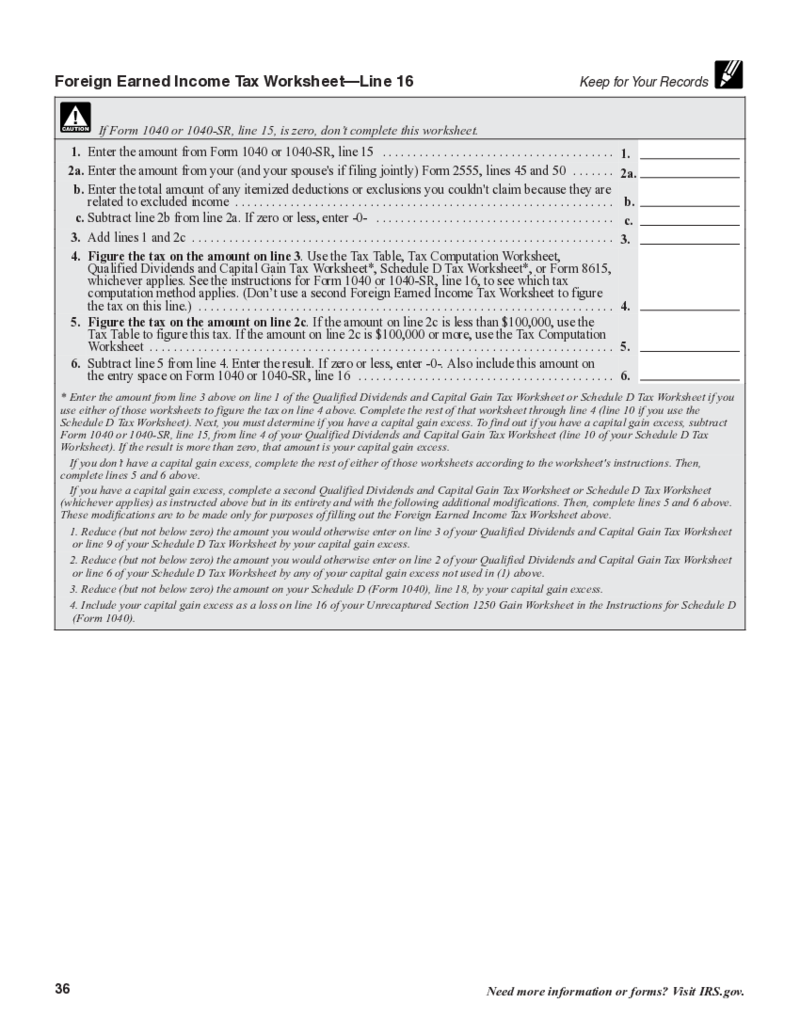 Foreign Earned Income Tax Worksheet