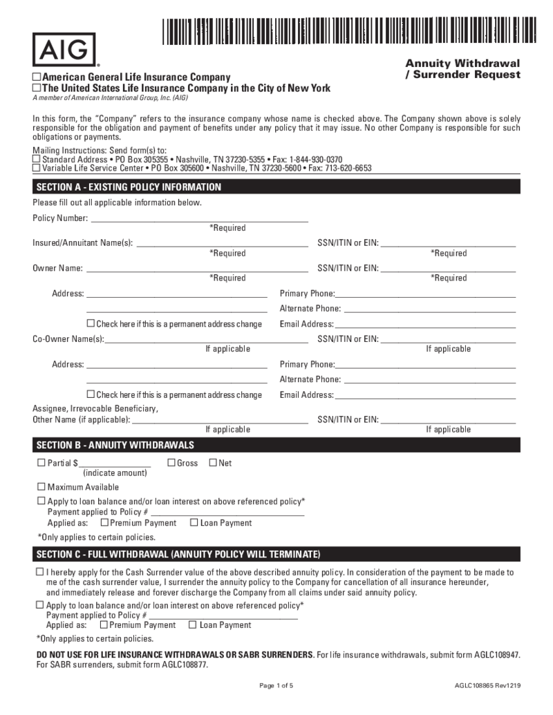 AIG Annuity Withdrawal Form