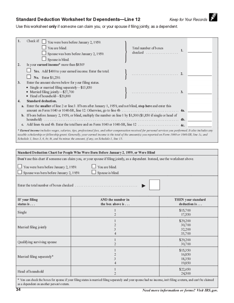 Standard Deduction Worksheet for Dependents