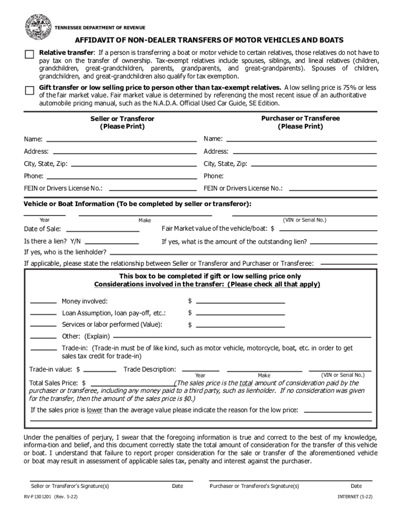 Affidavit of Non-Dealer Transfers of Motor Vehicles and Boats