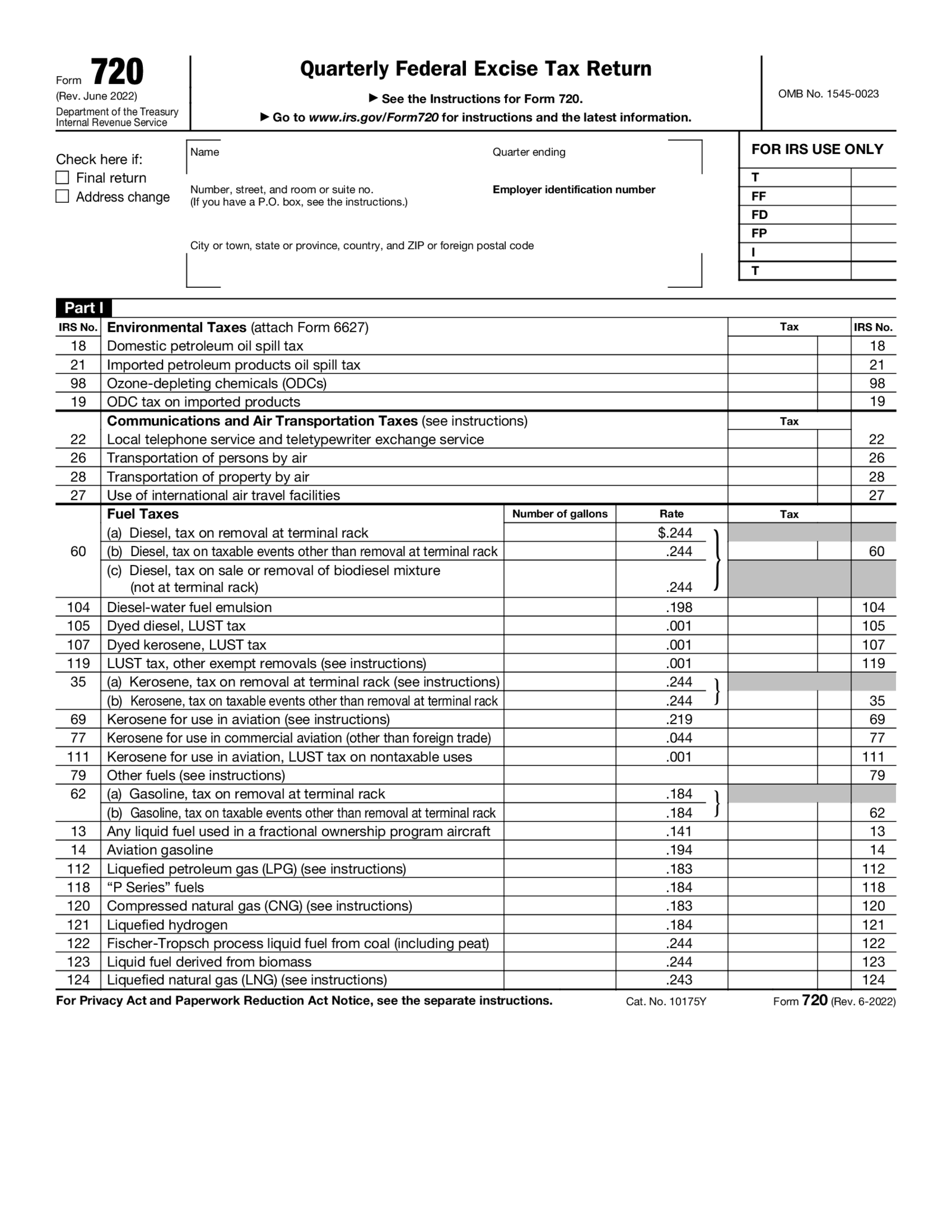 Form 720 (June 2022), Quarterly Federal Excise Tax Return - Thumbnail