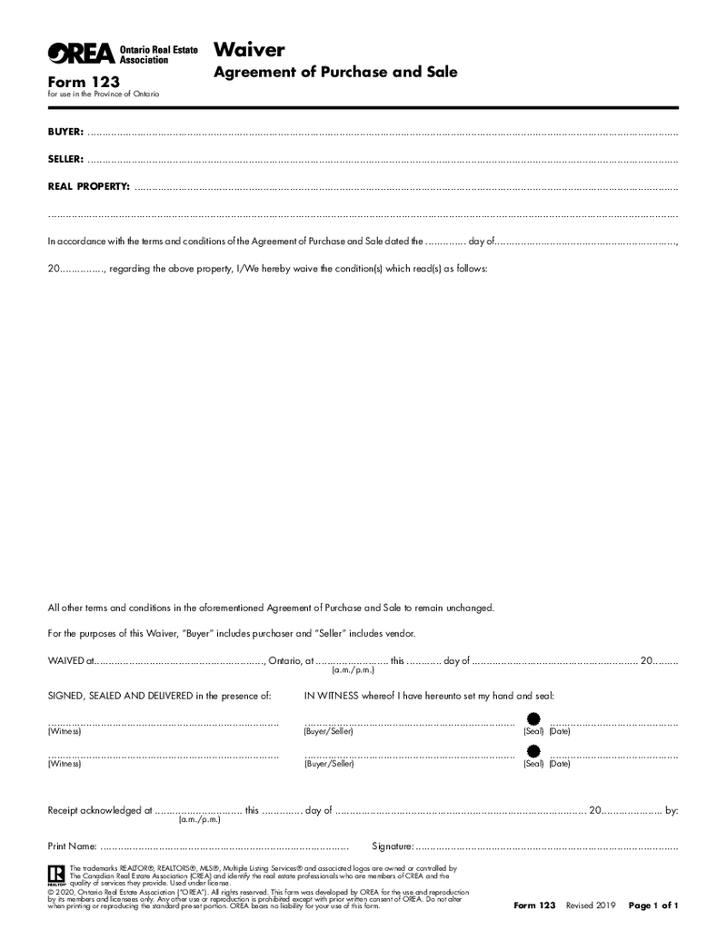 OREA Form 123, Waiver - Agreement of Purchase and Sale