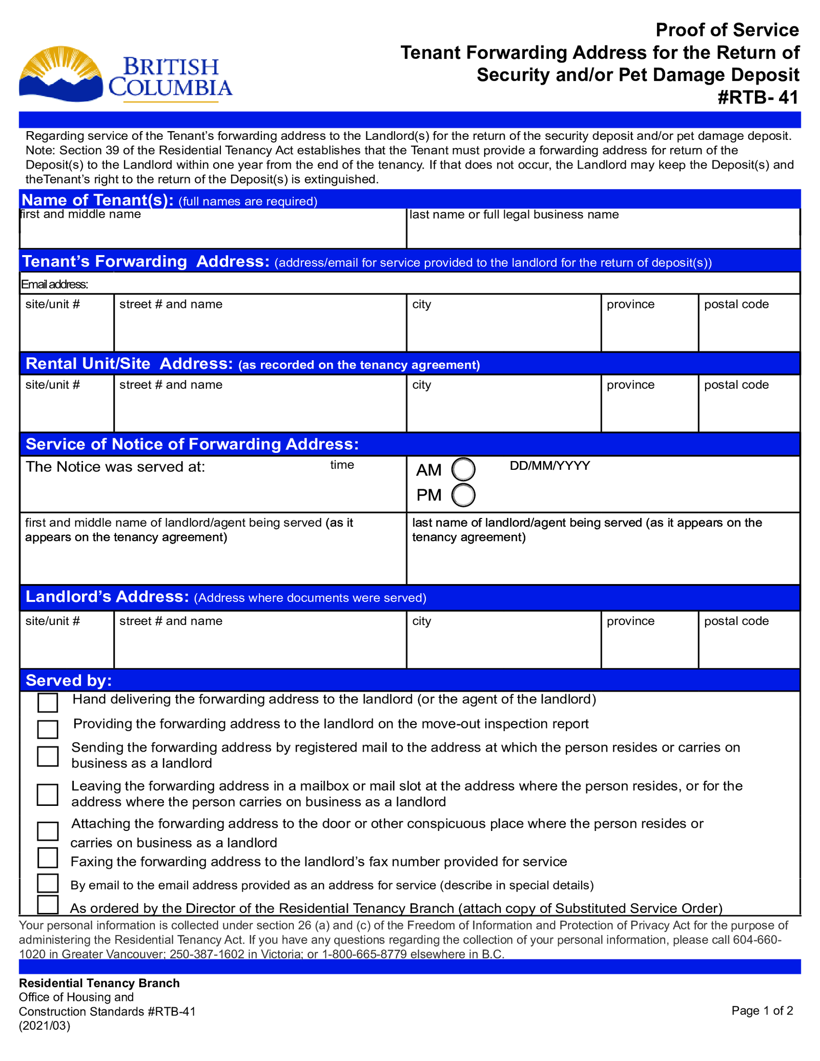 Proof of Service RTB-41 - British Columbia - Thumbnail