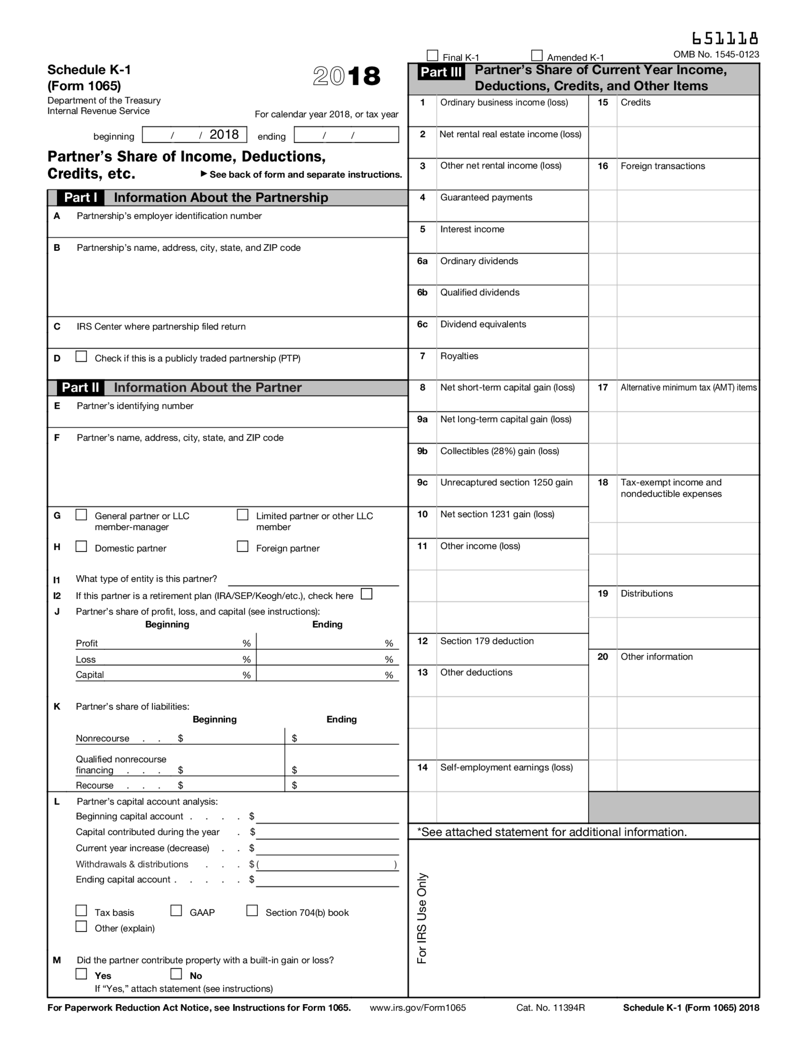 Schedule K-1 Form 1065 (2018) - Thumbnail