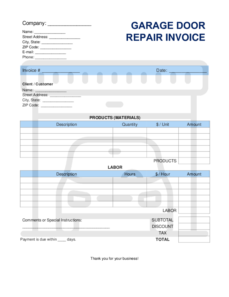 Garage Door Repair Invoice Template