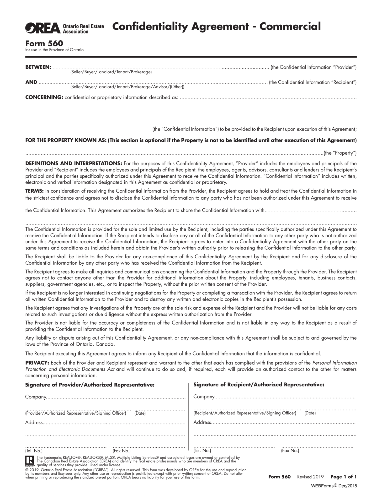 Fillable Form 560, Confidentiality Agreement - Thumbnail